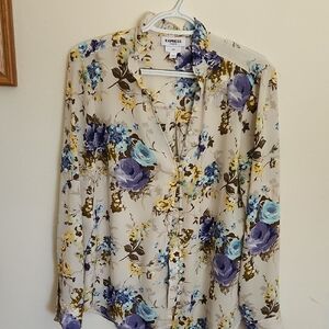 Express Floral Print Blouse - Cream and Purple